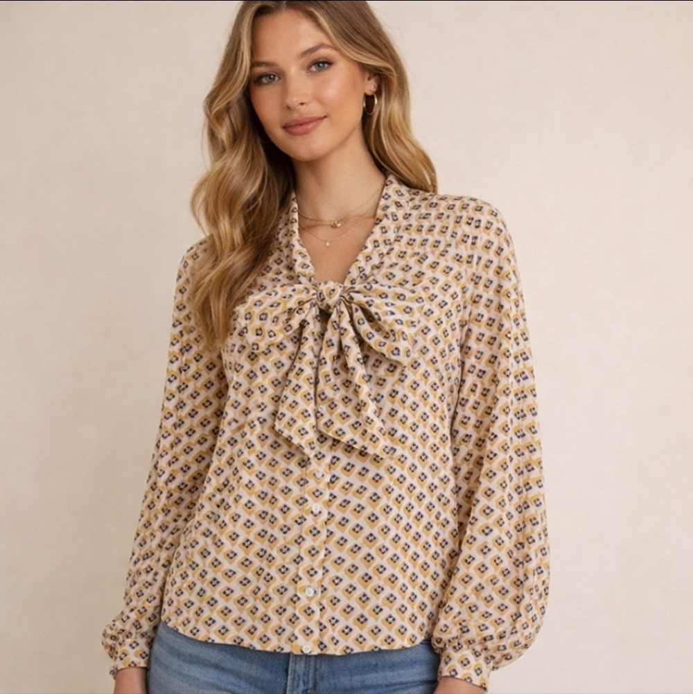 Lulus Geometric Print Tie Neck Blouse XS Retro Pattern Bow Top